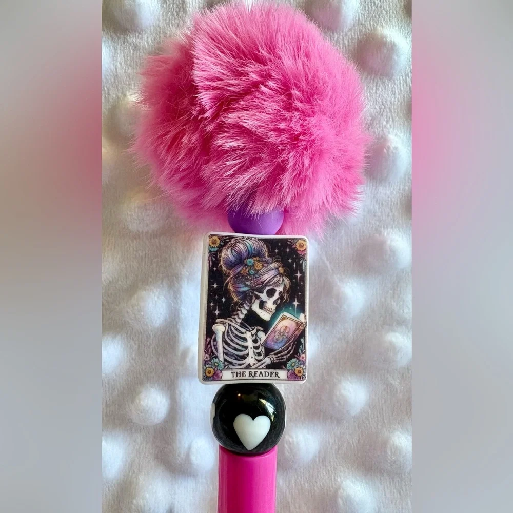 The Reader Pink Fluffy Skeleton Beaded Pen